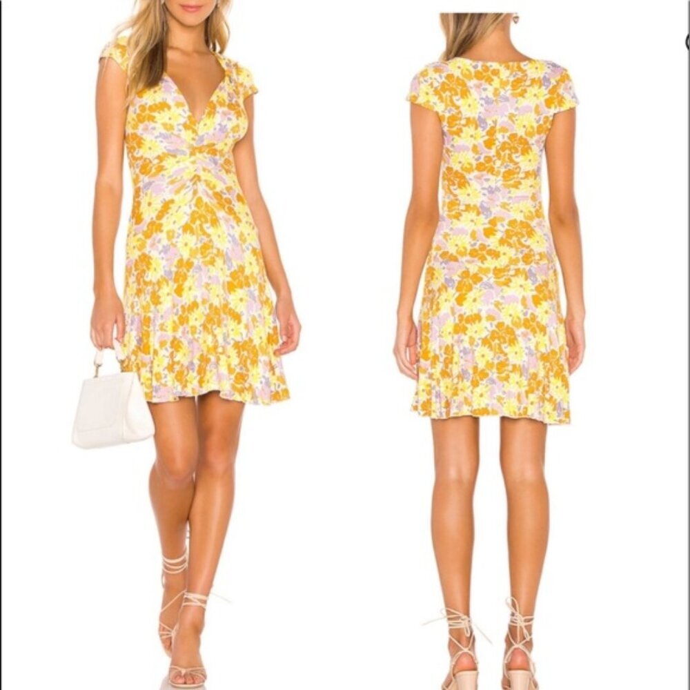 FREE PEOPLE Molly Mini Floral Print Dress Fit Flare Drapey A-Line Knit V-Neck S